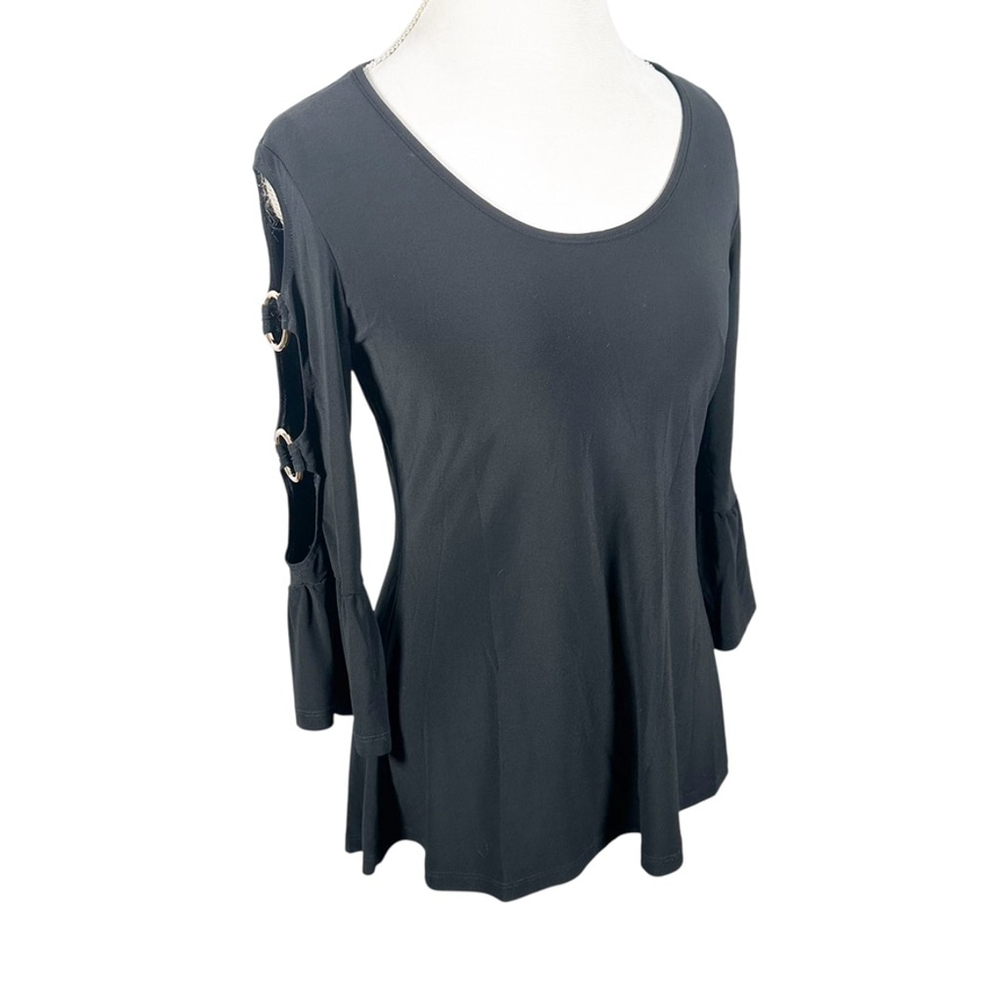 Joseph Ribkoff Black Tunic Top Silver Accent Slit Sleeves Jersey knit Size 10 - Picture 4 of 9